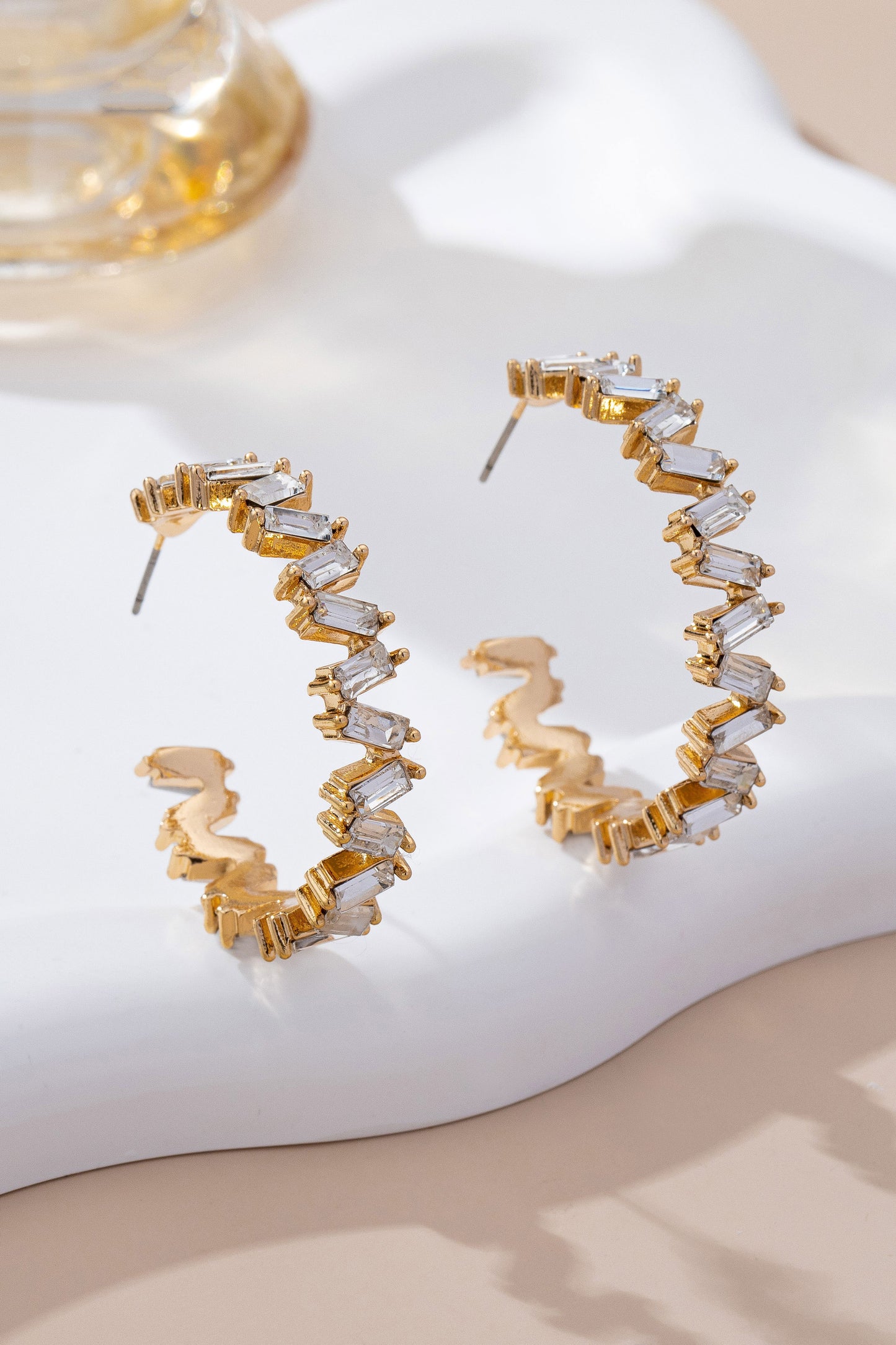 Baguette Crystal Zigzag Gold Hoop Earrings