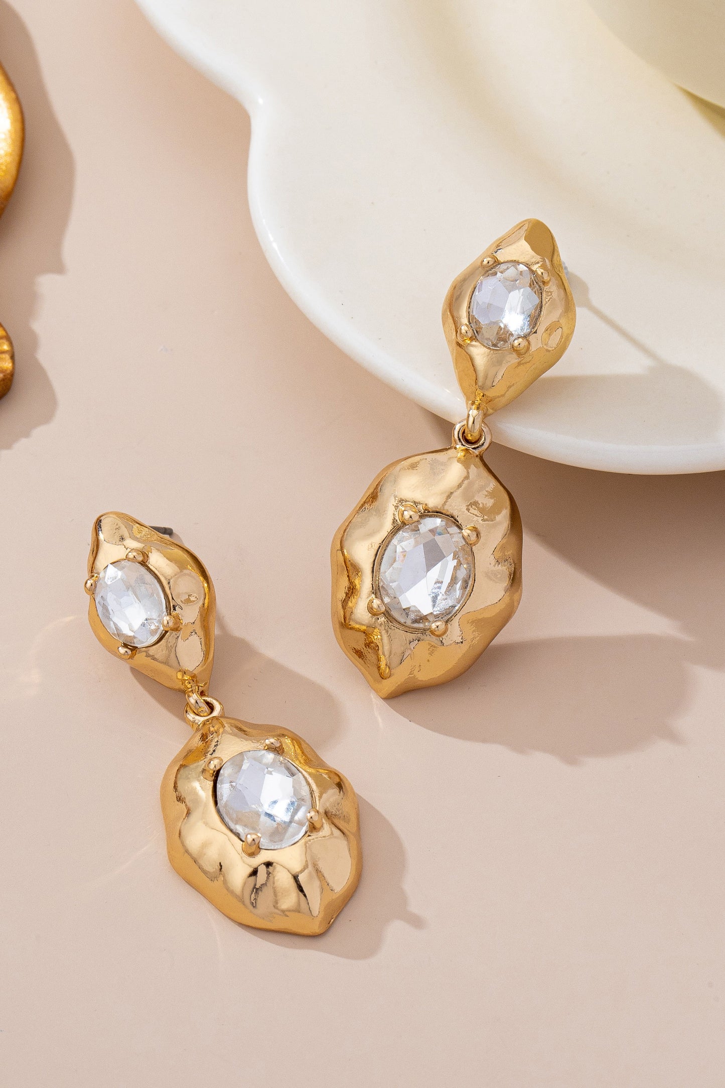 Hammered Gold & Crystal Drop Earrings