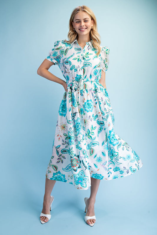 Playful Floral Print Midi Shirt Dress