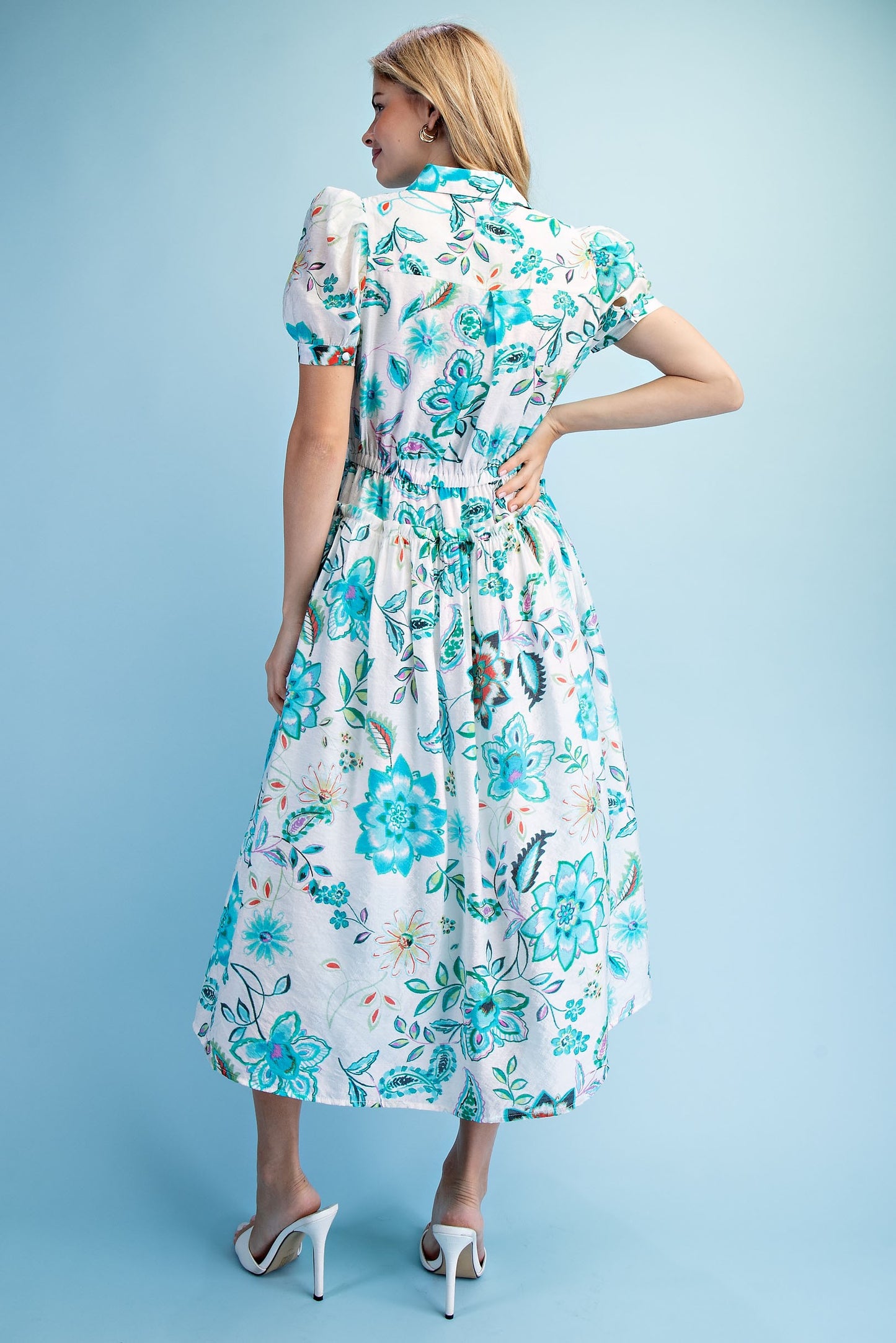 Playful Floral Print Midi Shirt Dress