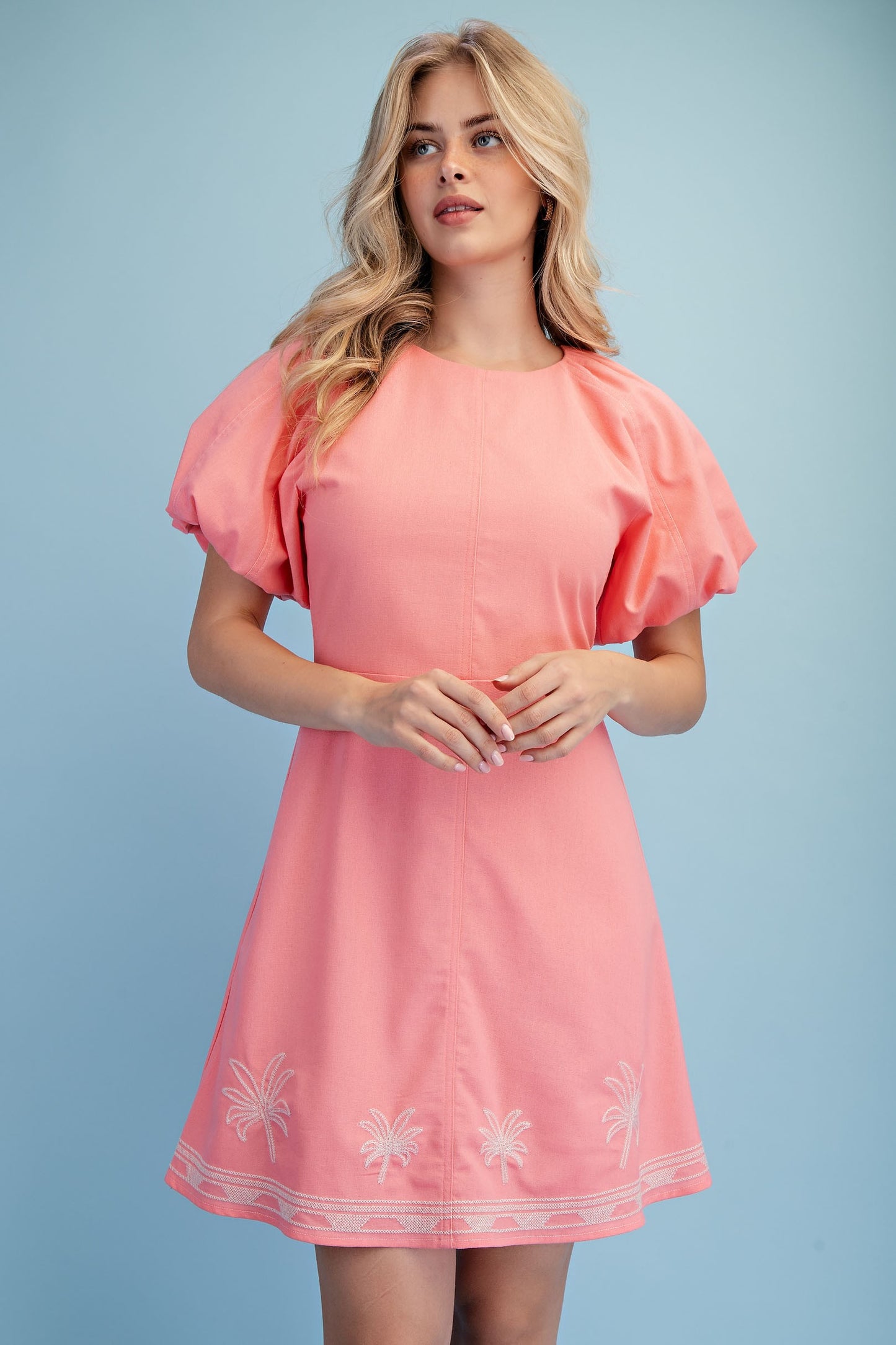 Palm Tree Embroidered Linen Mini Dress