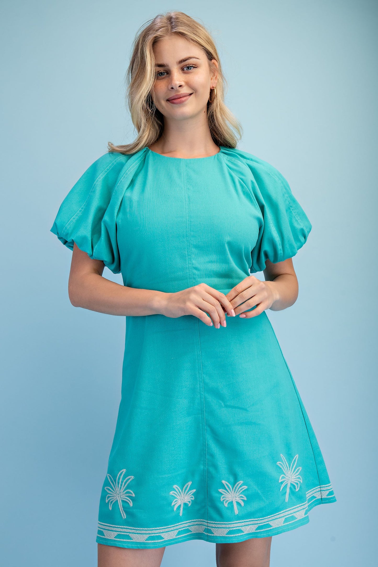 Palm Tree Embroidered Linen Mini Dress