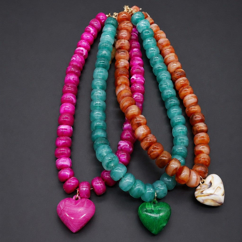 Heart Pendant Resin Beaded Necklaces