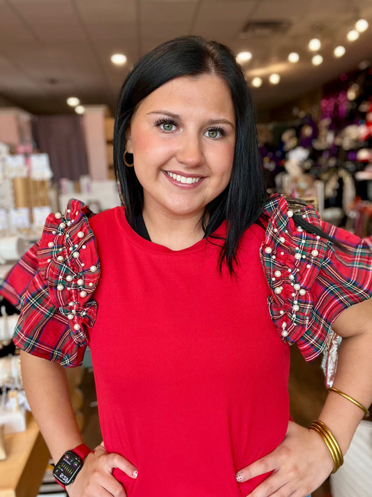 Red Plaid Pearl Ruffle Blouse