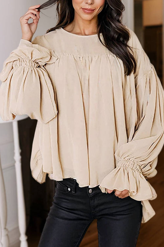 Pleated Ruffle Long Sleeve Chiffon Blouse