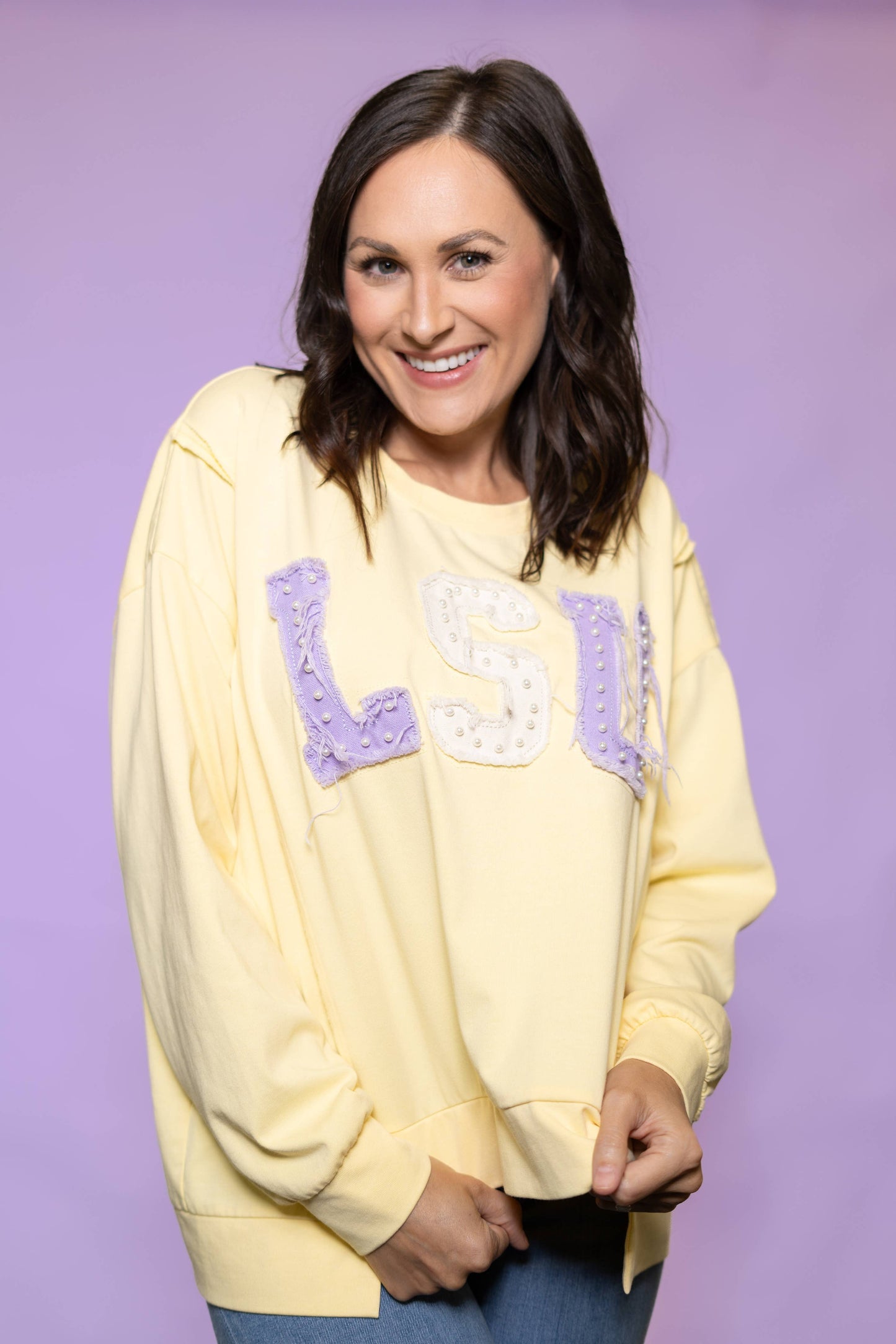 LSU (Licensed) | Women's Distressed Embroidery Pullover