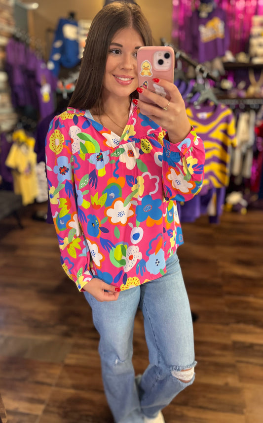 Floral V Neck Long Sleeve Blouse
