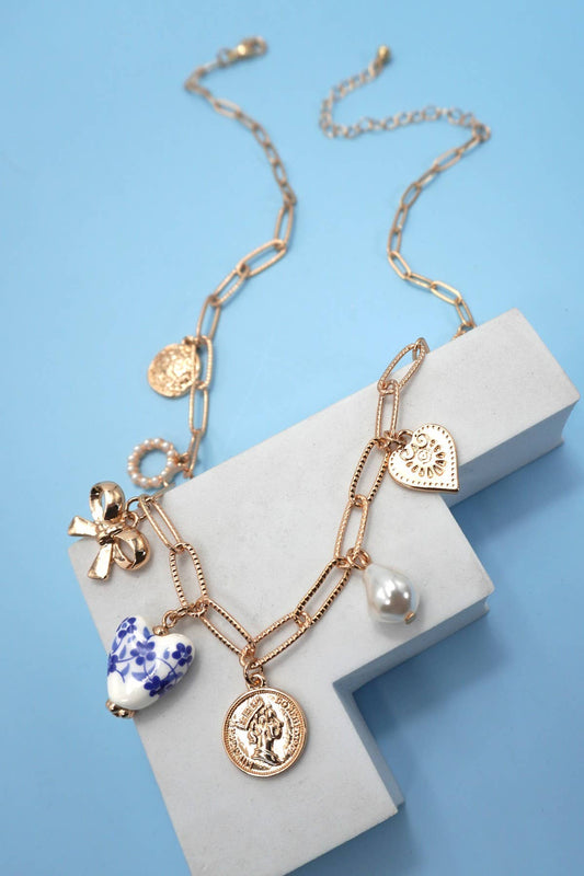 Blue Print Heart Charm Necklace