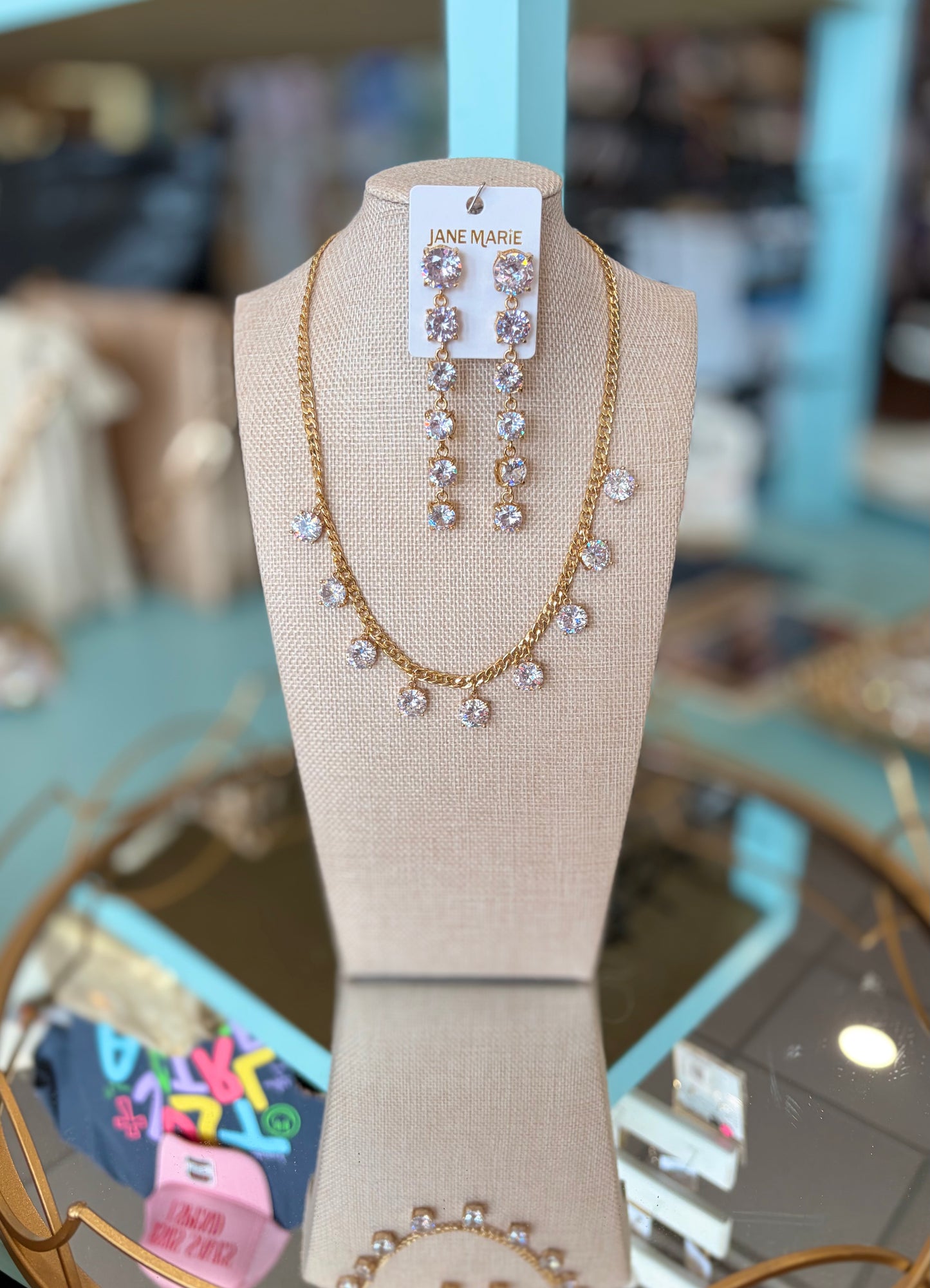JM Gold Curb Chain Necklace with Crystals