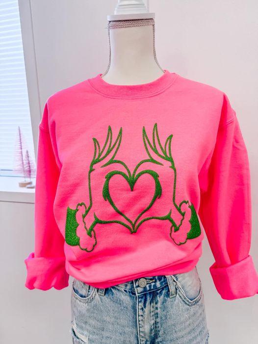 Glitter Puff Grinch Heart Sweatshirt