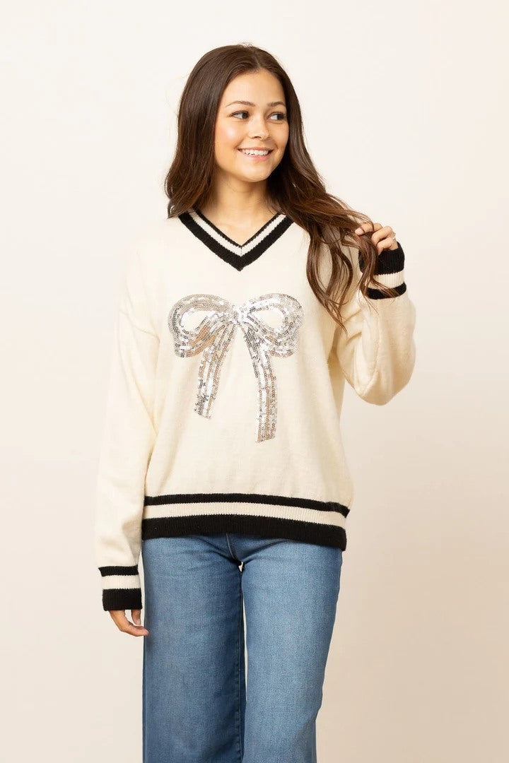 Sequin Bow on Varsity Sweater