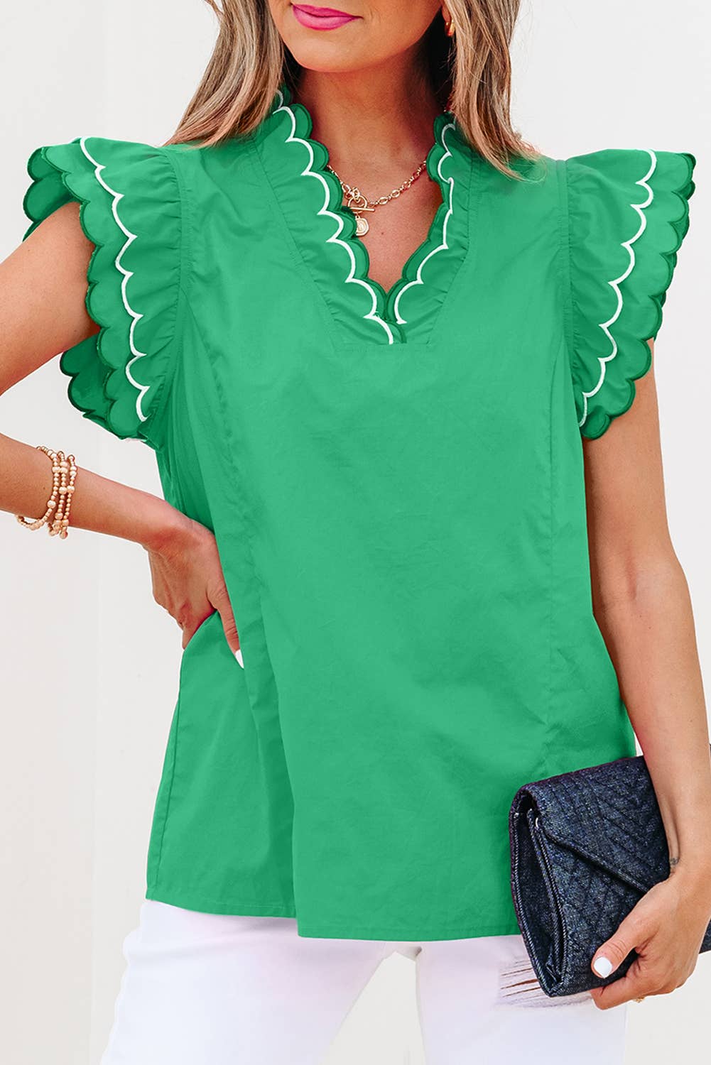 Contrast Scallop Trim Layered Short Sleeve Blouse