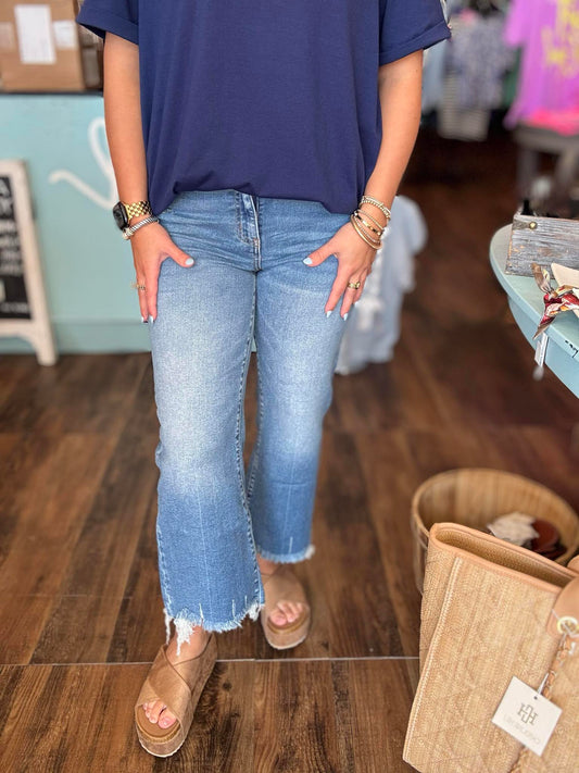 Mid Rise Straight Raw Hem Denim Jeans