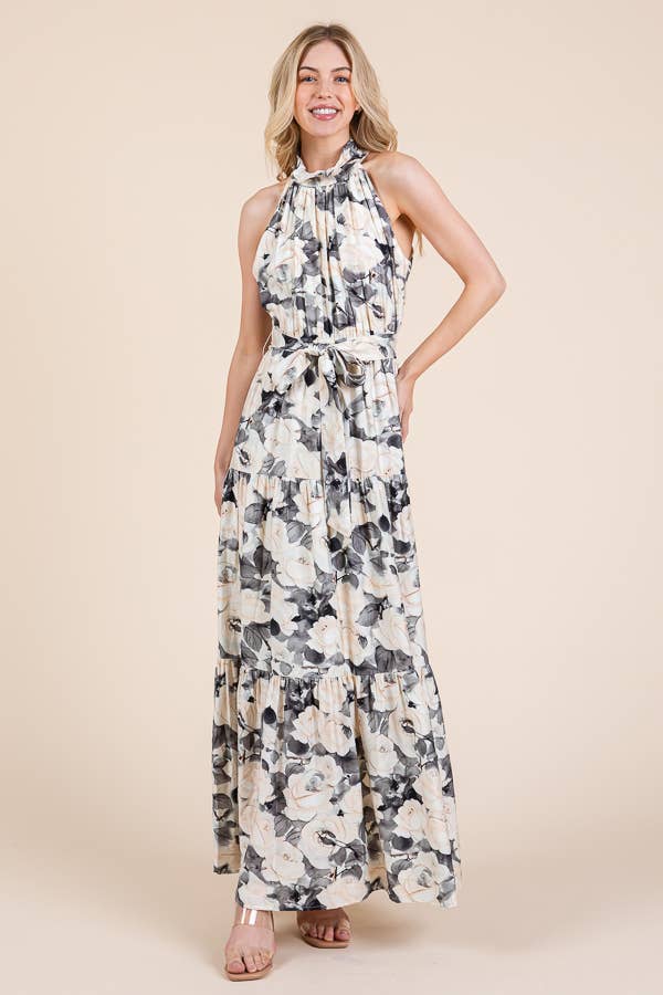 Floral Print Halter Neck Tie-Waist Tiered Maxi Dress