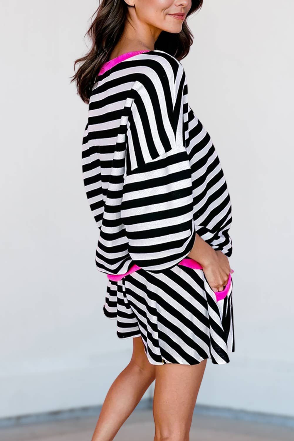 Stripe Contrast Long Sleeve Top Loose Shorts Set