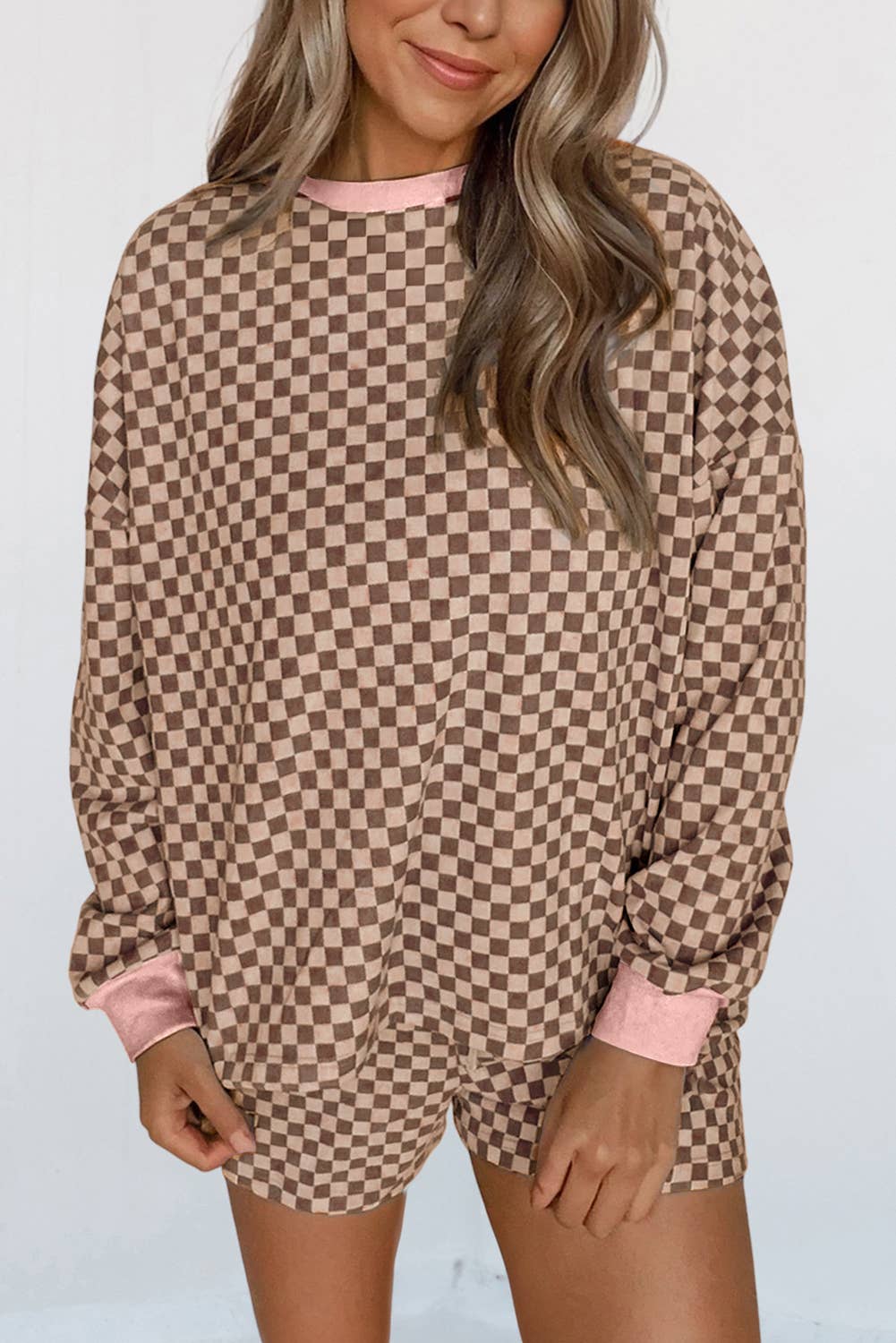 Checkered Long Sleeve Pullover &  Shorts Set