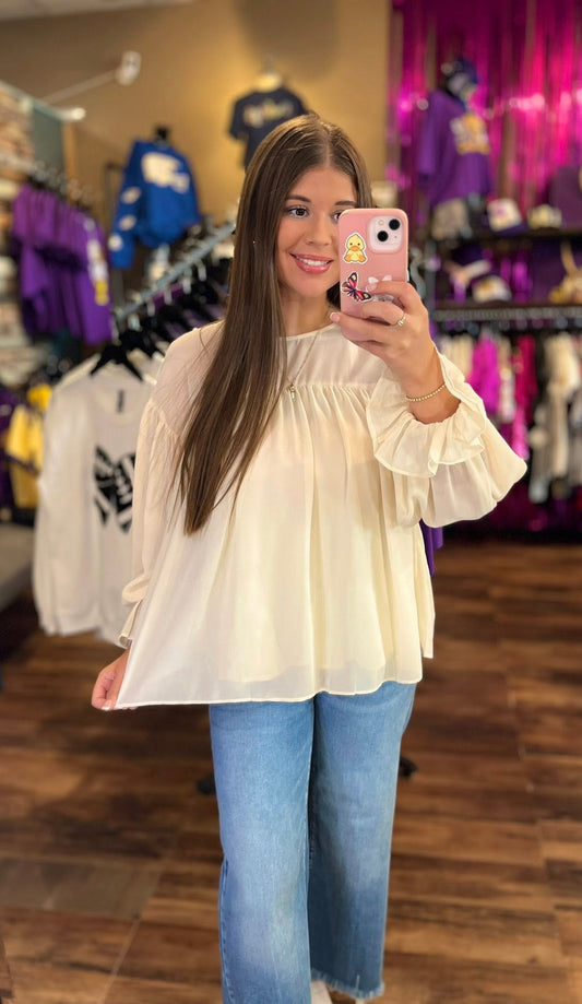Pleated Ruffle Long Sleeve Chiffon Blouse