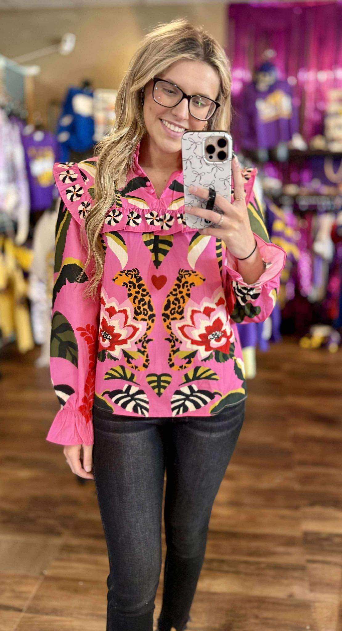 Leopard & Floral Print Ruffle Collared Blouse
