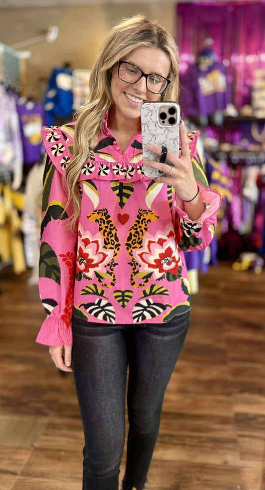 Leopard & Floral Print Ruffle Collared Blouse
