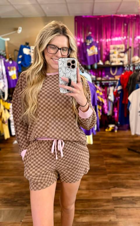 Checkered Long Sleeve Pullover &  Shorts Set