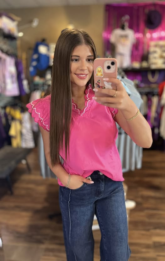 Contrast Scallop Trim Layered Short Sleeve Blouse