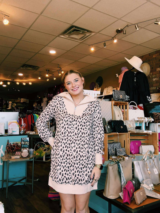 Leopard Print Collar Patch Shift Mini Dress