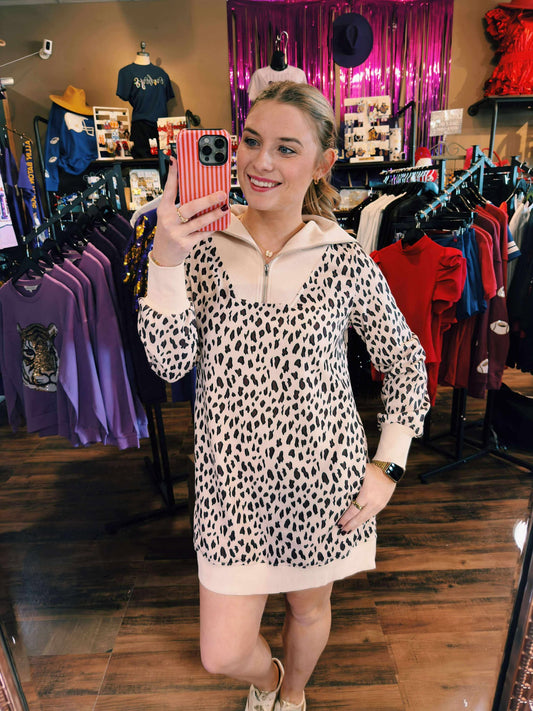 Leopard Print Collar Patch Shift Mini Dress