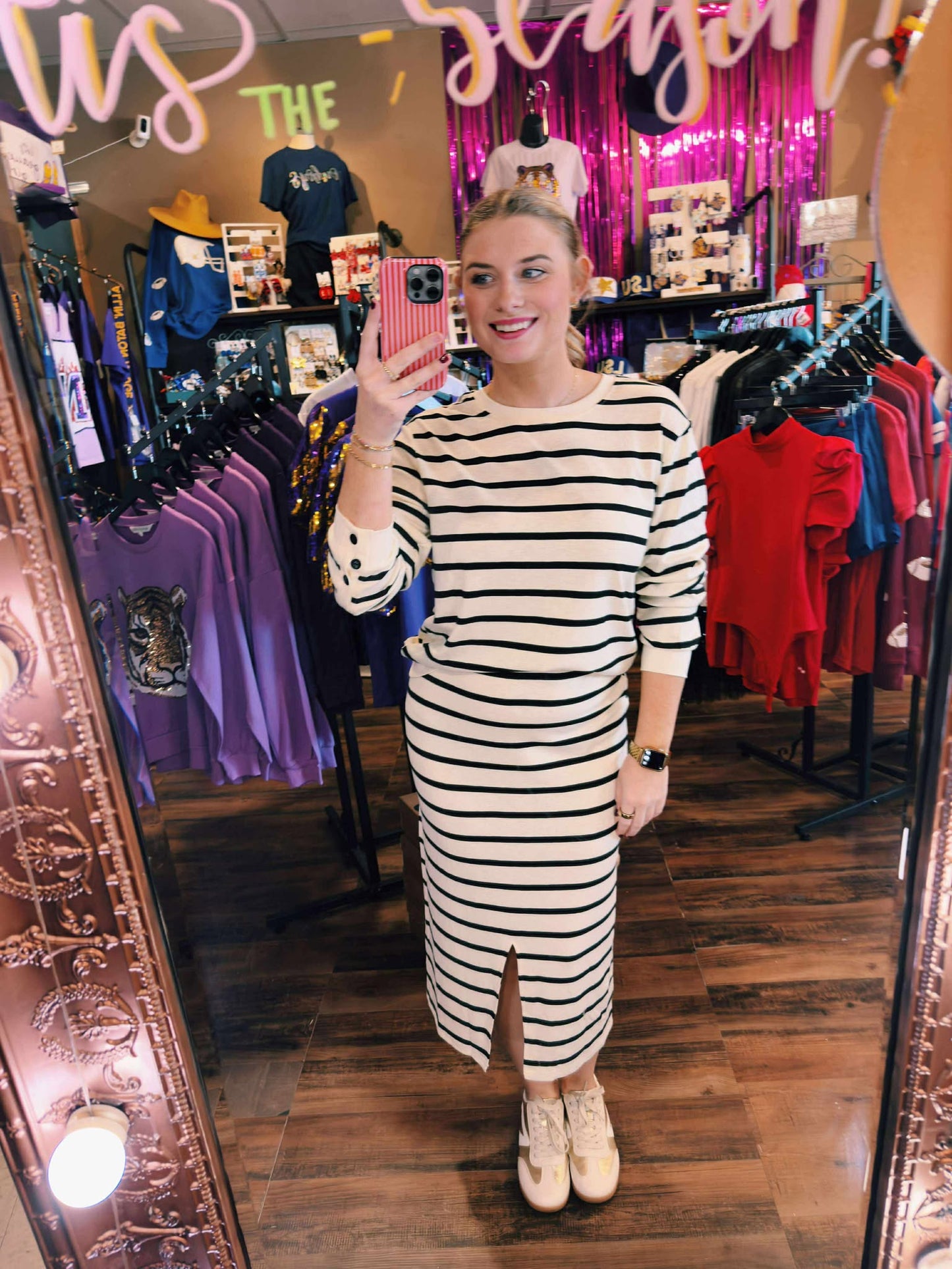 Stripe Button Cuff Top & Midi Skirt 2pcs Outfit