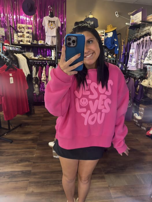 Smiley Jesus Loves You Puff Pink Crop Sweatshirt