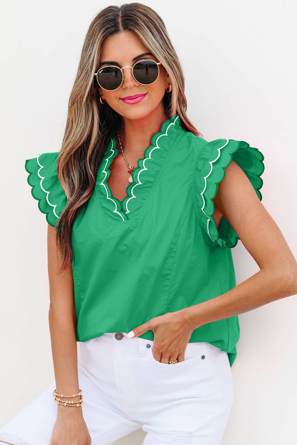 Contrast Scallop Trim Layered Short Sleeve Blouse