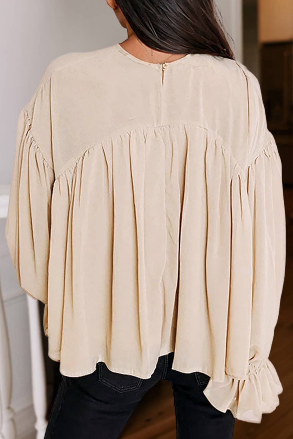 Pleated Ruffle Long Sleeve Chiffon Blouse