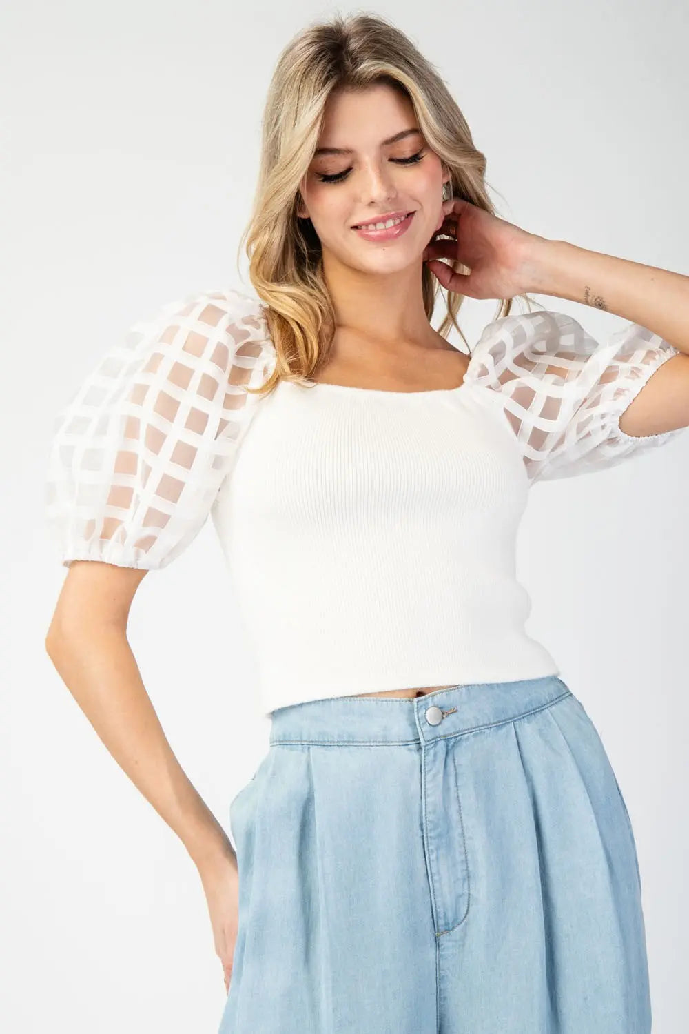 Mesh Puff Sleeve Top