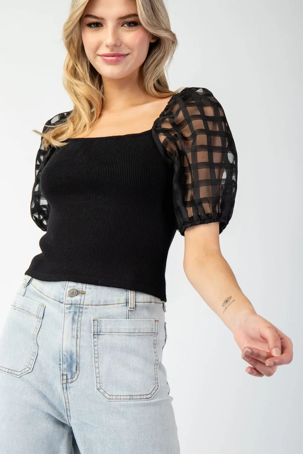 Mesh Puff Sleeve Top