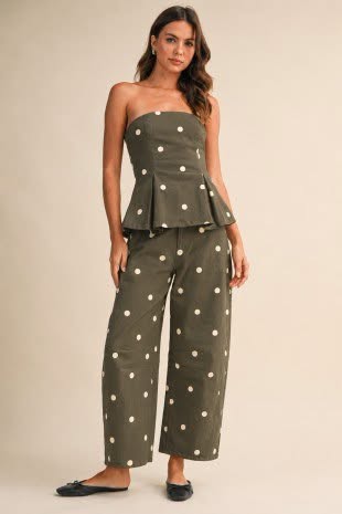 Polkadot Strapless Peplum Top And Barrel Pants Set