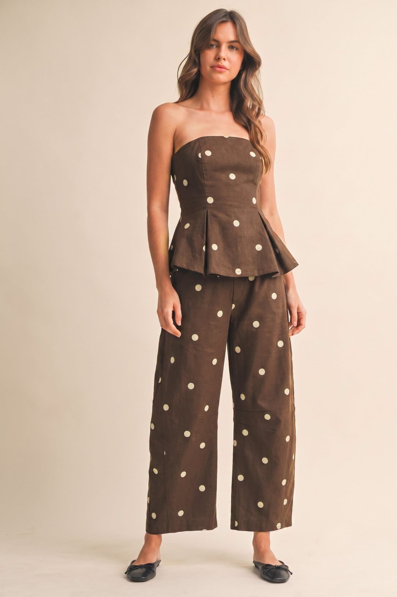 Polkadot Strapless Peplum Top And Barrel Pants Set