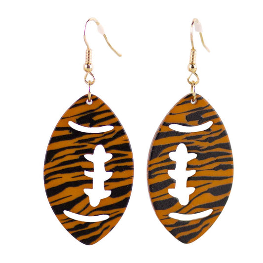 Tiger Stripe Football Acetate Earrings   Black/Camel   2.5"