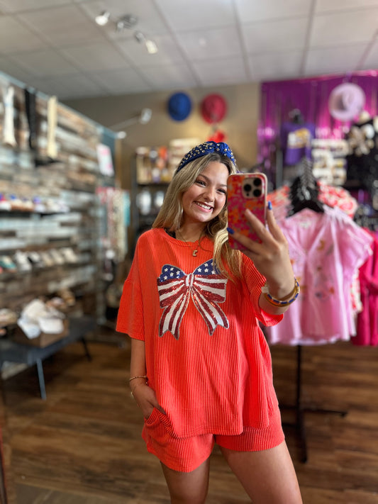 Sequined Sequin USA Flag Bow Corded Set