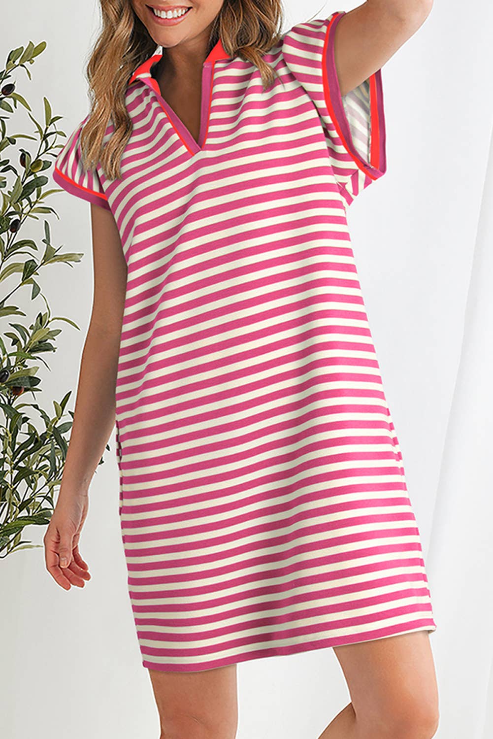 Striped Ruffle Short Sleeve V-Neck Fit Dress