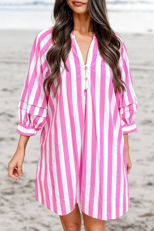 Strip Button Front Casual Mini Dress