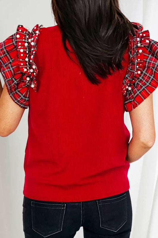 Red Plaid Pearl Ruffle Blouse