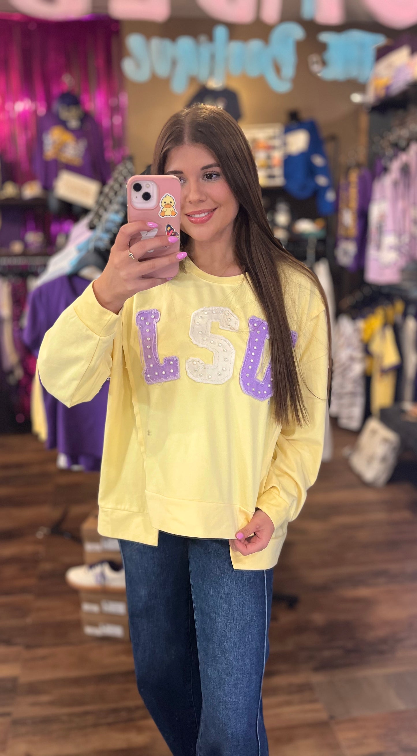 LSU (Licensed) | Women's Distressed Embroidery Pullover