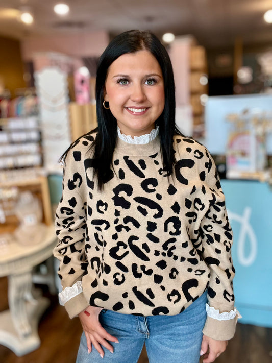 Leopard Lace Ribbed Button Cuff Sweater