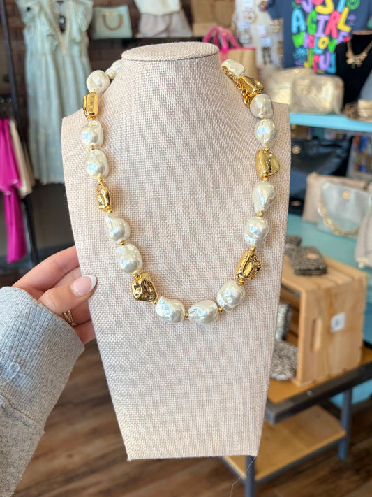 18K Gold Plated Large Gold & Pearl Beaded Necklace