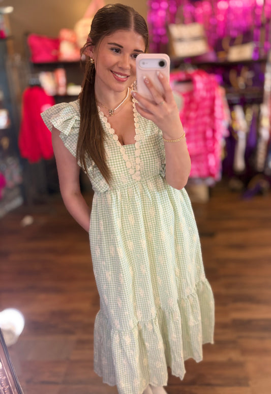 Gingham Print With Floral Embroidery Midi Dress