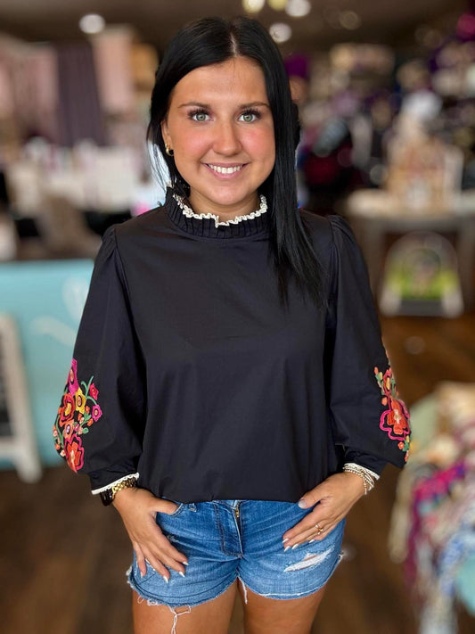 Fall Floral Embroidery Blouse