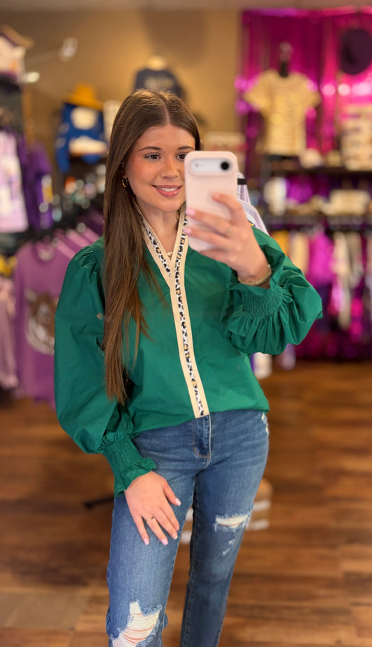 Leopard Contrast Trim V Neck Ruffle Blouse