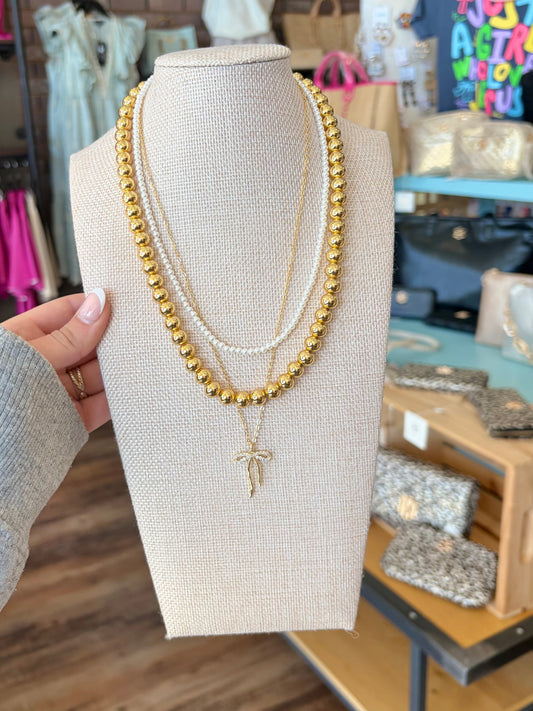 18K Gold Plated Gold & Pearl Beaded 3 Strand Necklace with Gold Bow
