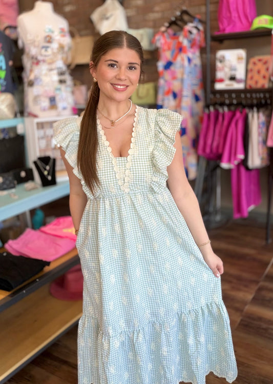 Gingham Print With Floral Embroidery Midi Dress