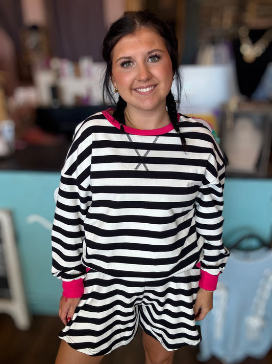 Stripe Contrast Long Sleeve Top Loose Shorts Set