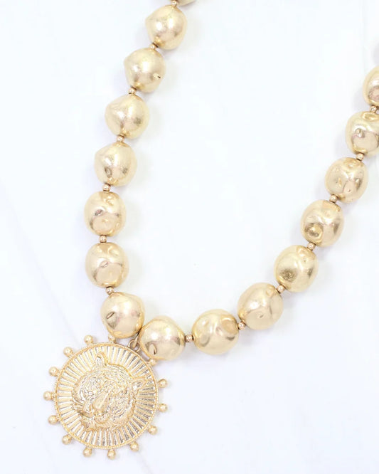 Carmen Beaded Coin Necklace-Tiger Worn Gold